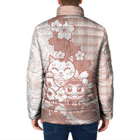 Beige Palaka Hawaiian And Japanese Padded Jacket Maneki Neko And Sakura Bloom