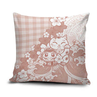 Beige Palaka Hawaiian And Japanese Pillow Cover Maneki Neko And Sakura Bloom