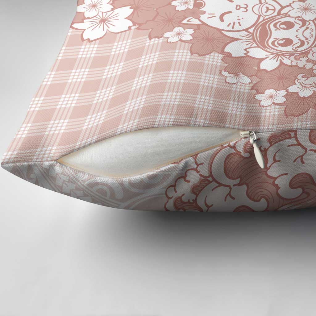 Beige Palaka Hawaiian And Japanese Pillow Cover Maneki Neko And Sakura Bloom