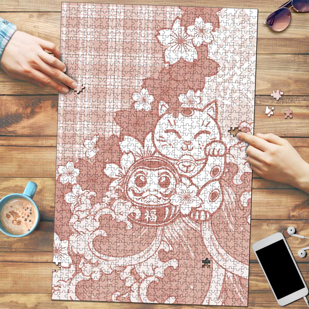 Beige Palaka Hawaiian And Japanese Puzzle Maneki Neko And Sakura Bloom