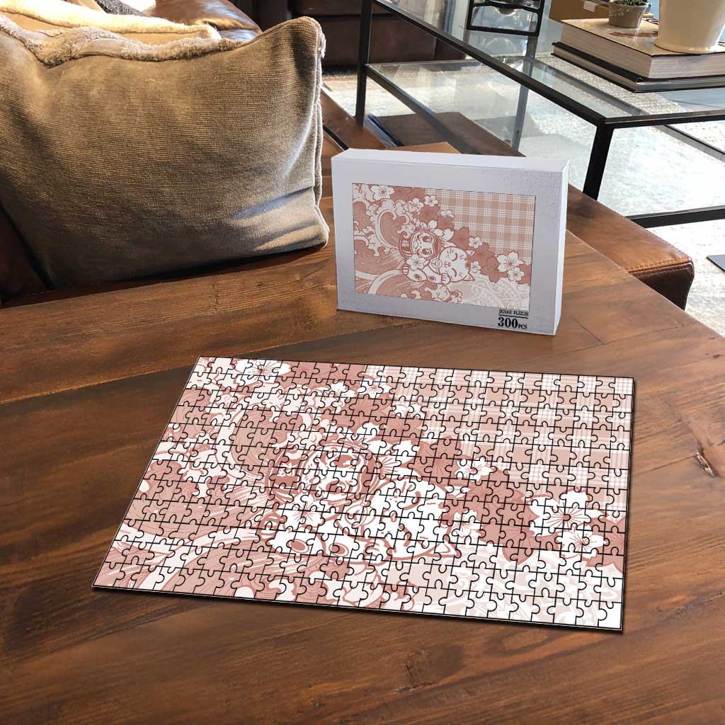 Beige Palaka Hawaiian And Japanese Puzzle Maneki Neko And Sakura Bloom
