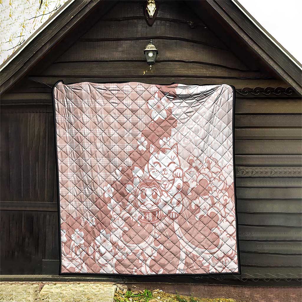Beige Palaka Hawaiian And Japanese Quilt Maneki Neko And Sakura Bloom