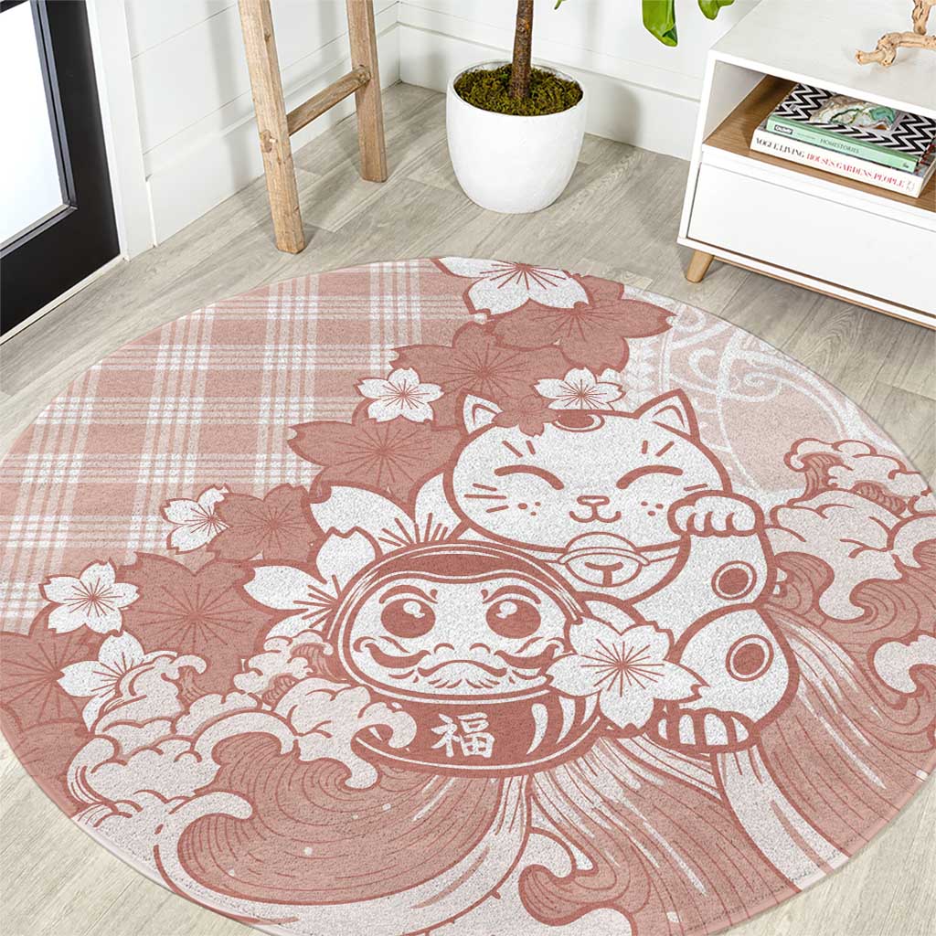 Beige Palaka Hawaiian And Japanese Round Carpet Maneki Neko And Sakura Bloom