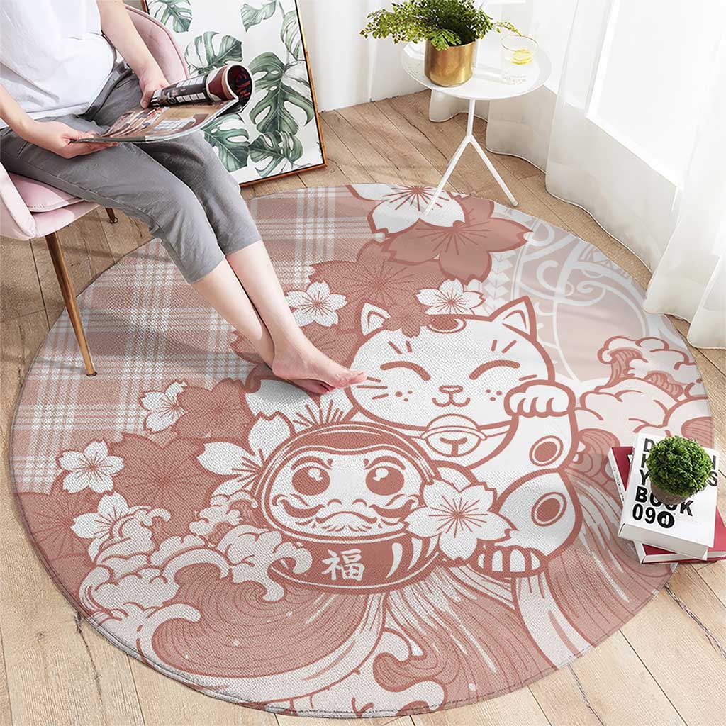 Beige Palaka Hawaiian And Japanese Round Carpet Maneki Neko And Sakura Bloom
