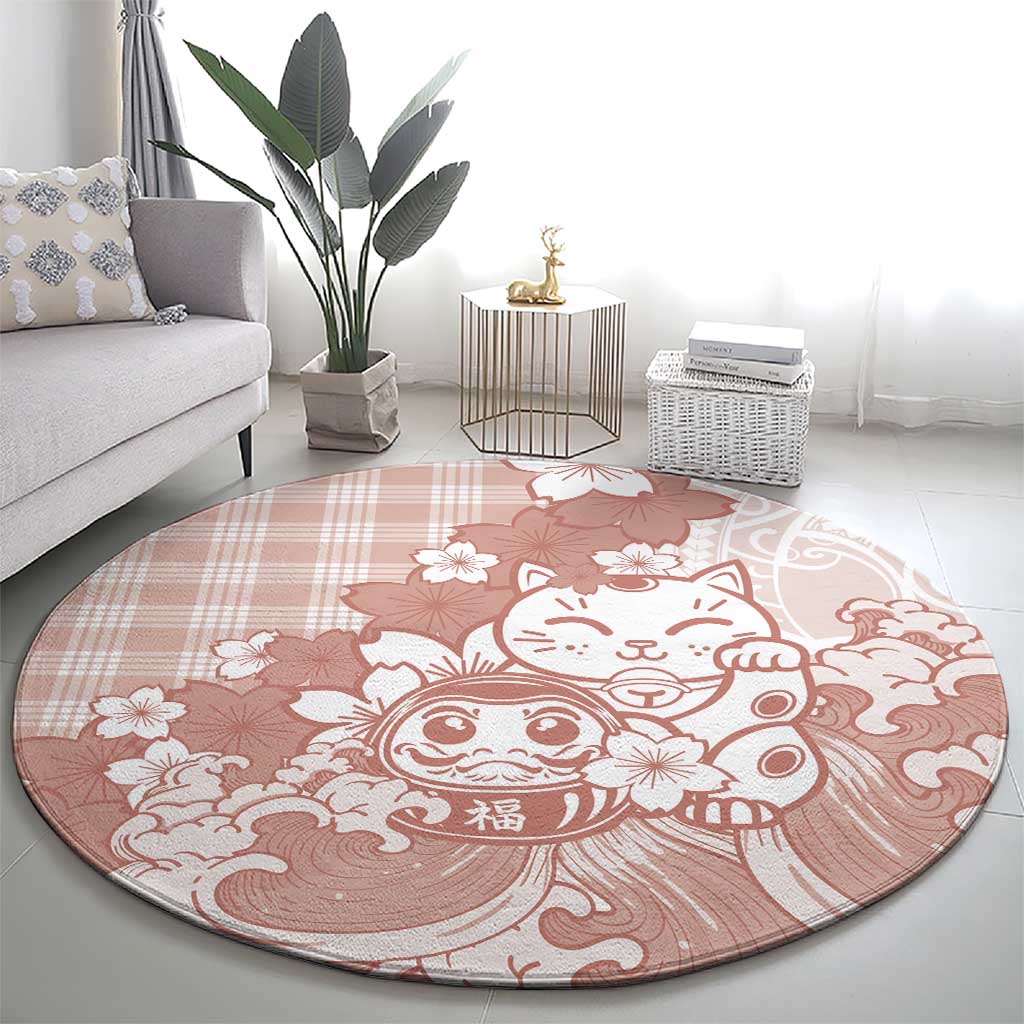 Beige Palaka Hawaiian And Japanese Round Carpet Maneki Neko And Sakura Bloom