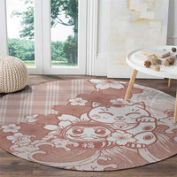 Beige Palaka Hawaiian And Japanese Round Carpet Maneki Neko And Sakura Bloom