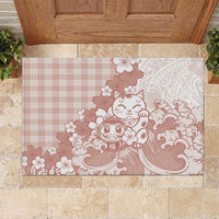 Beige Palaka Hawaiian And Japanese Rubber Doormat Maneki Neko And Sakura Bloom