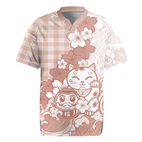 Beige Palaka Hawaiian And Japanese Rugby Jersey Maneki Neko And Sakura Bloom