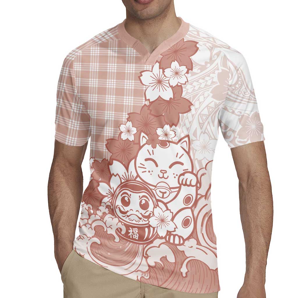 Beige Palaka Hawaiian And Japanese Rugby Jersey Maneki Neko And Sakura Bloom