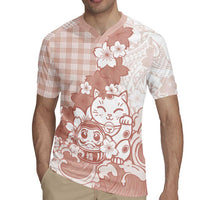 Beige Palaka Hawaiian And Japanese Rugby Jersey Maneki Neko And Sakura Bloom