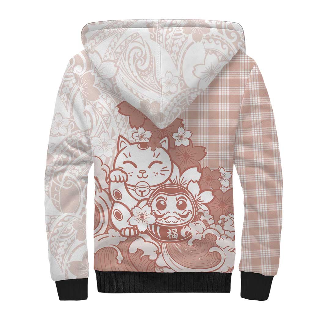 Beige Palaka Hawaiian And Japanese Sherpa Hoodie Maneki Neko And Sakura Bloom