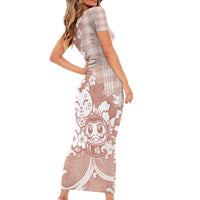 Beige Palaka Hawaiian And Japanese Short Sleeve Bodycon Dress Maneki Neko And Sakura Bloom