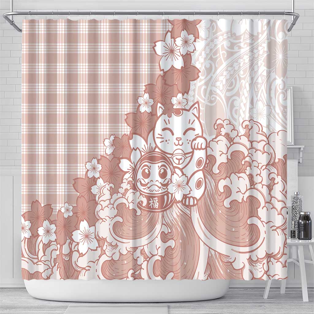 Beige Palaka Hawaiian And Japanese Shower Curtain Maneki Neko And Sakura Bloom