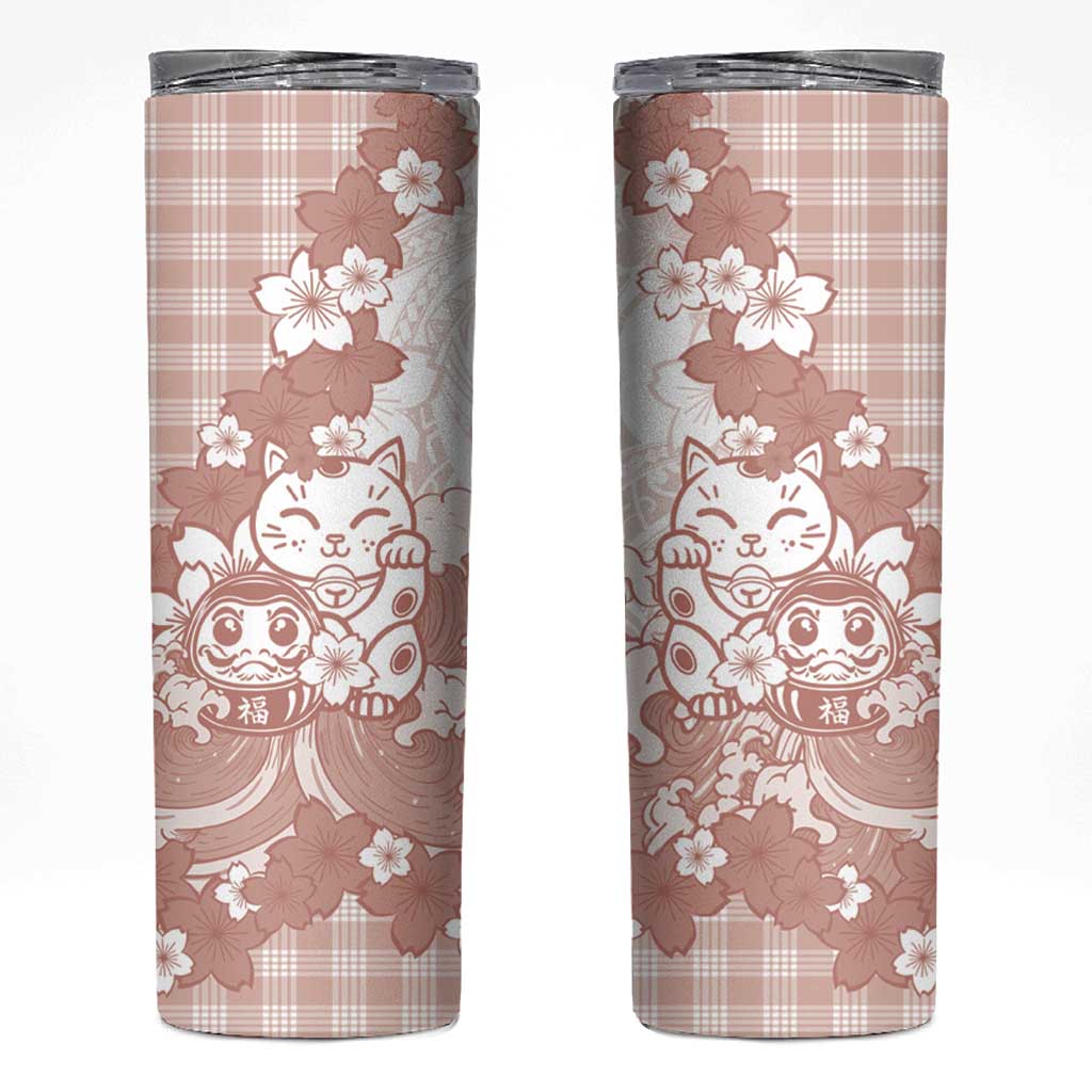 Beige Palaka Hawaiian And Japanese Skinny Tumbler Maneki Neko And Sakura Bloom