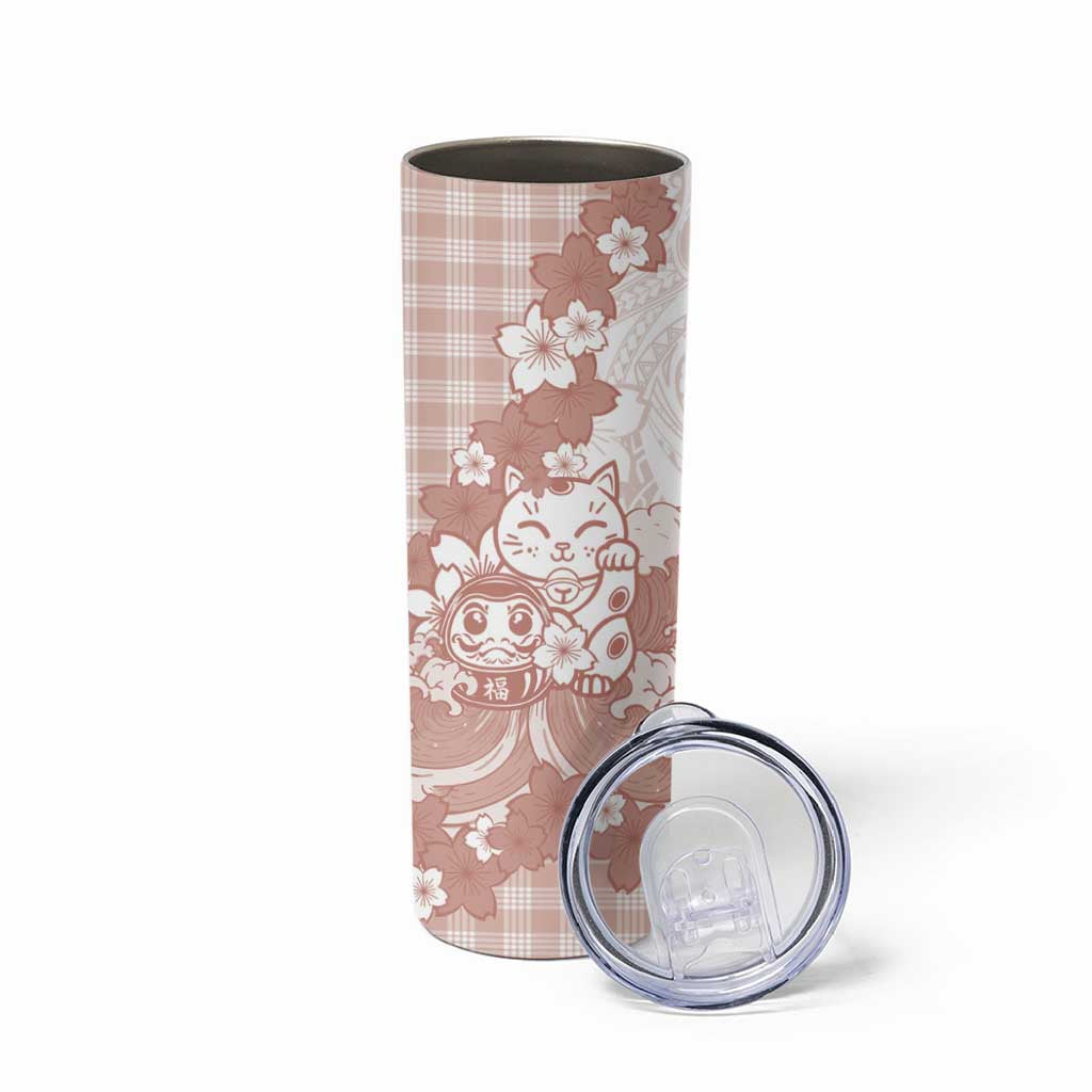Beige Palaka Hawaiian And Japanese Skinny Tumbler Maneki Neko And Sakura Bloom
