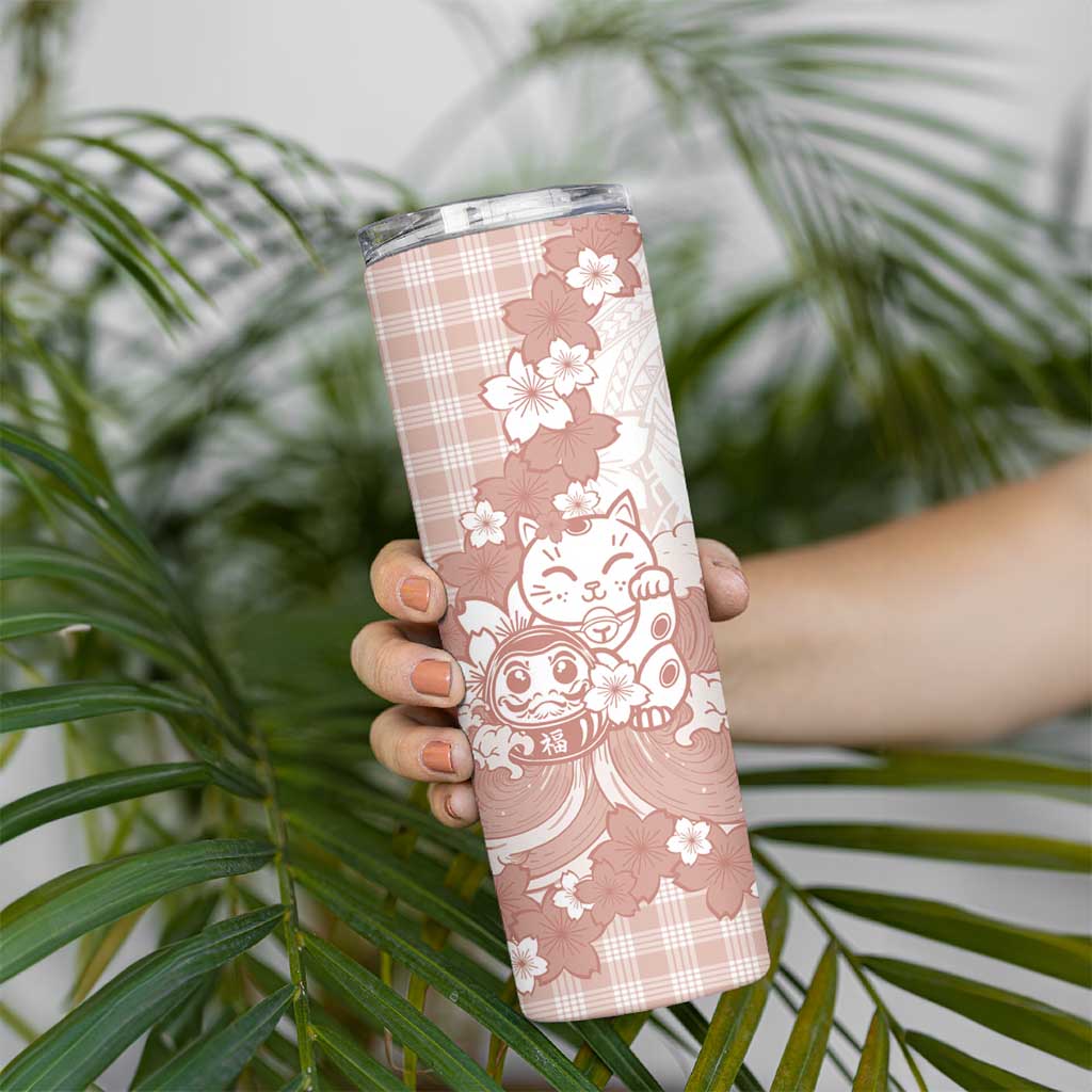 Beige Palaka Hawaiian And Japanese Skinny Tumbler Maneki Neko And Sakura Bloom
