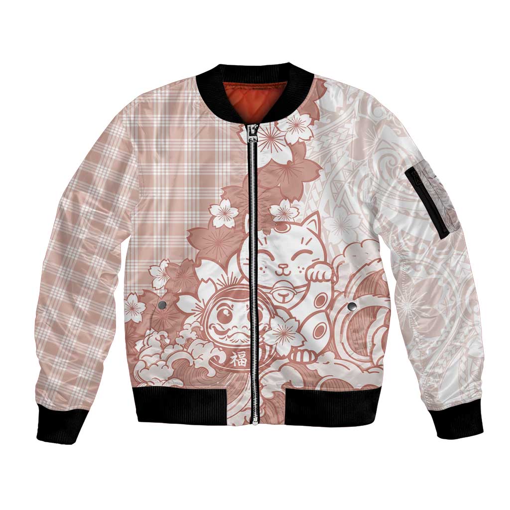 Beige Palaka Hawaiian And Japanese Sleeve Zip Bomber Jacket Maneki Neko And Sakura Bloom