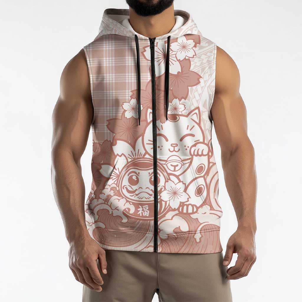 Beige Palaka Hawaiian And Japanese Sleeveless Zip Hoodie Maneki Neko And Sakura Bloom