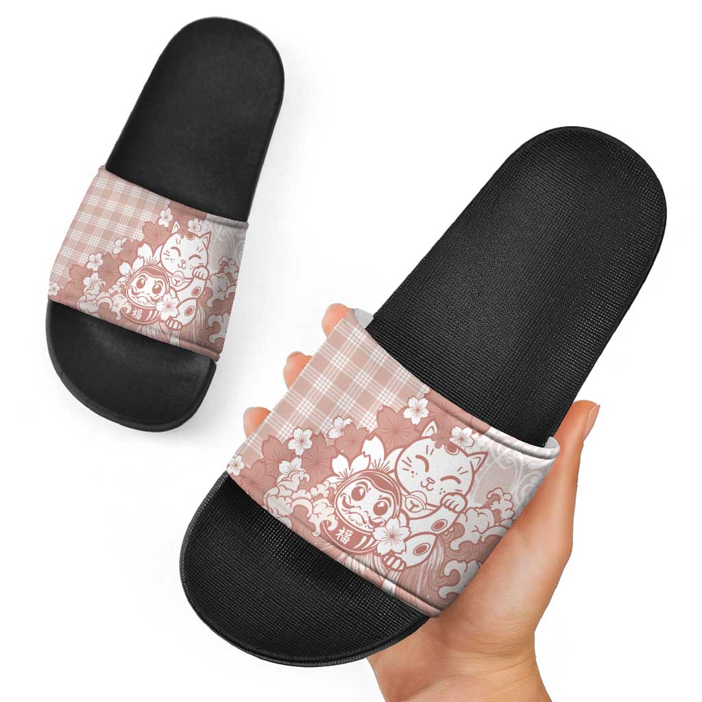Beige Palaka Hawaiian And Japanese Slide Sandals Maneki Neko And Sakura Bloom
