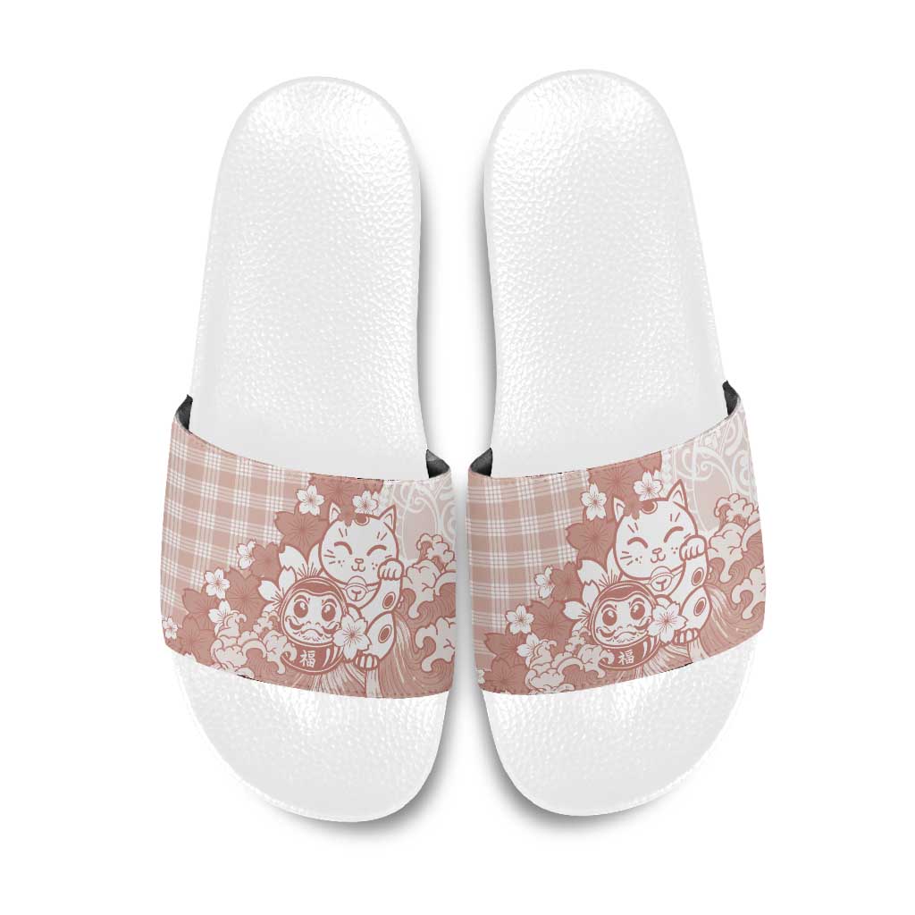 Beige Palaka Hawaiian And Japanese Slide Sandals Maneki Neko And Sakura Bloom