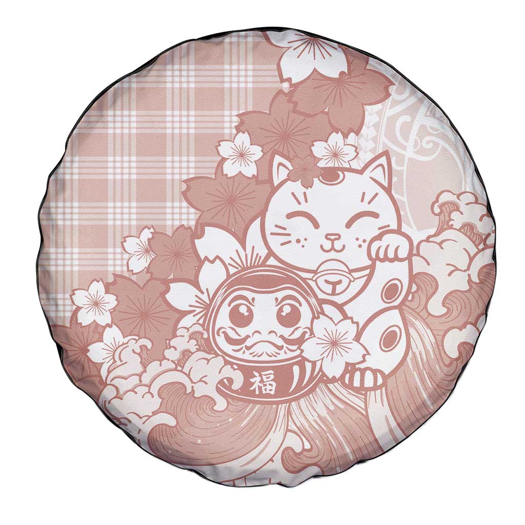 Beige Palaka Hawaiian And Japanese Spare Tire Cover Maneki Neko And Sakura Bloom