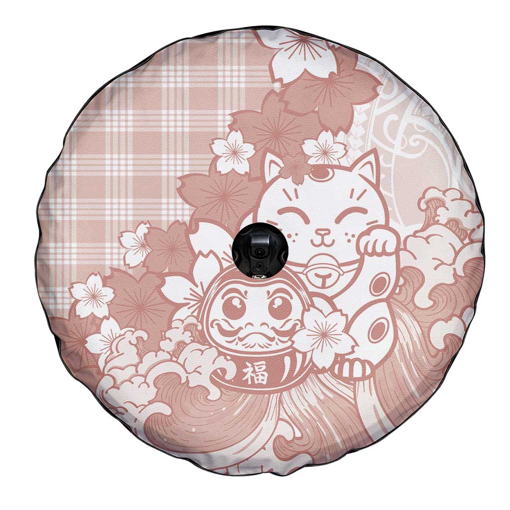 Beige Palaka Hawaiian And Japanese Spare Tire Cover Maneki Neko And Sakura Bloom