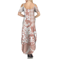 Beige Palaka Hawaiian And Japanese Summer Maxi Dress Maneki Neko And Sakura Bloom