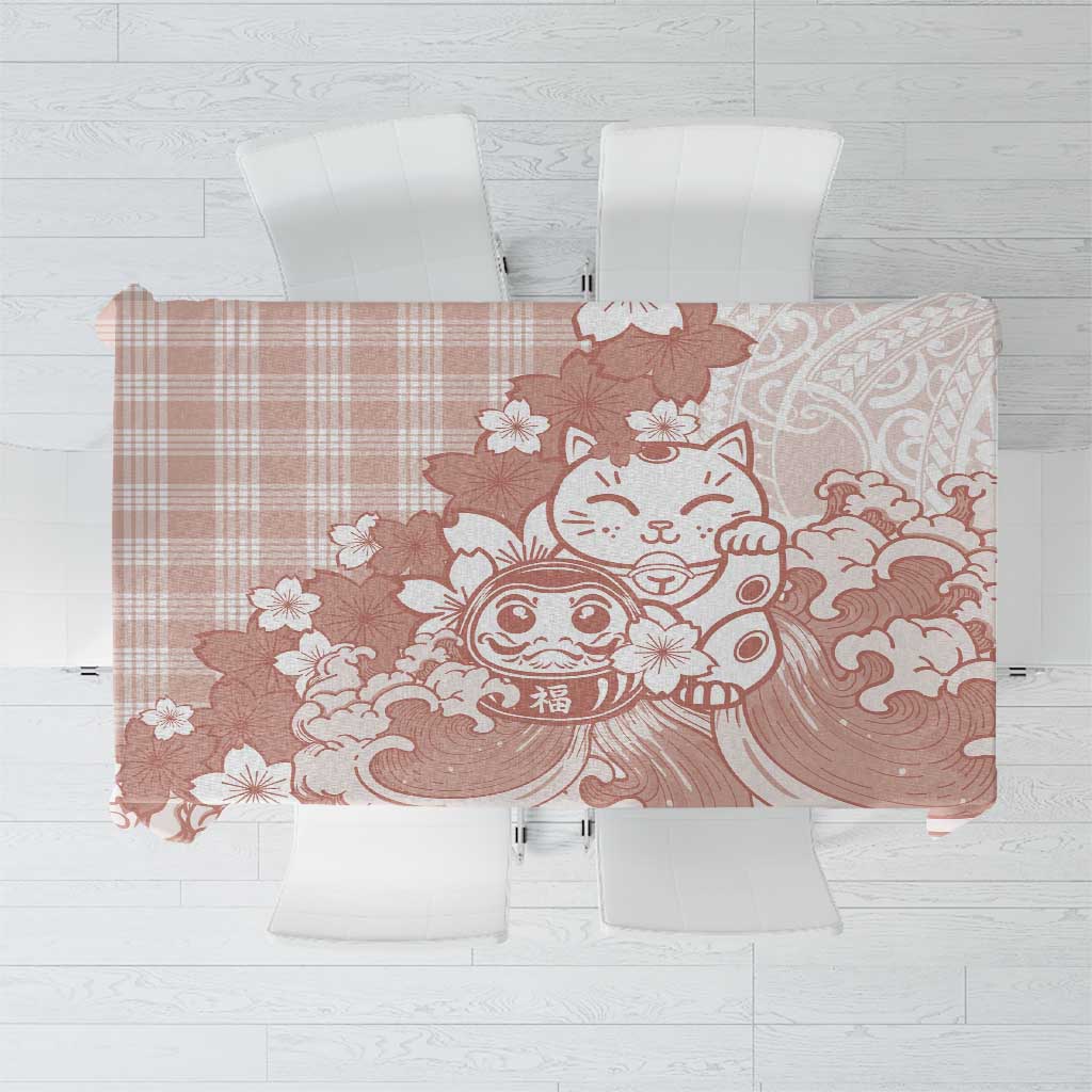 Beige Palaka Hawaiian And Japanese Tablecloth Maneki Neko And Sakura Bloom