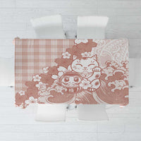 Beige Palaka Hawaiian And Japanese Tablecloth Maneki Neko And Sakura Bloom
