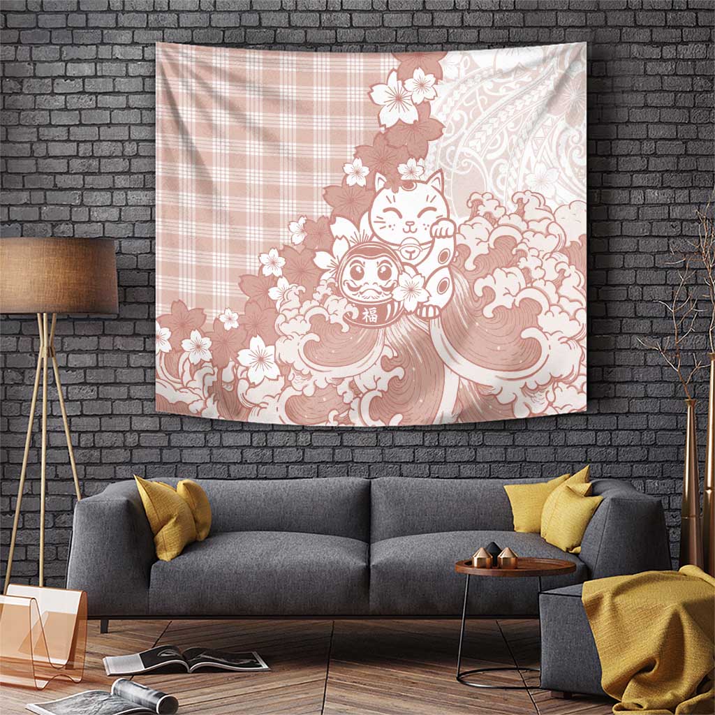 Beige Palaka Hawaiian And Japanese Tapestry Maneki Neko And Sakura Bloom