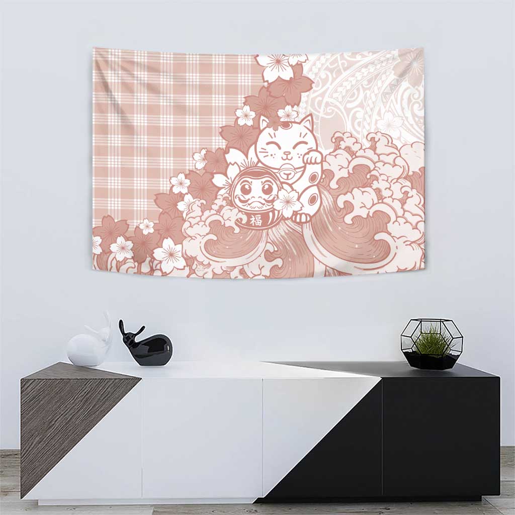 Beige Palaka Hawaiian And Japanese Tapestry Maneki Neko And Sakura Bloom