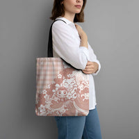 Beige Palaka Hawaiian And Japanese Tote Bag Maneki Neko And Sakura Bloom