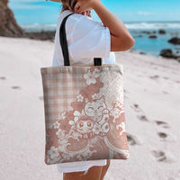Beige Palaka Hawaiian And Japanese Tote Bag Maneki Neko And Sakura Bloom