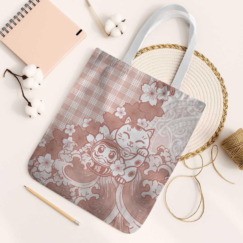 Beige Palaka Hawaiian And Japanese Tote Bag Maneki Neko And Sakura Bloom