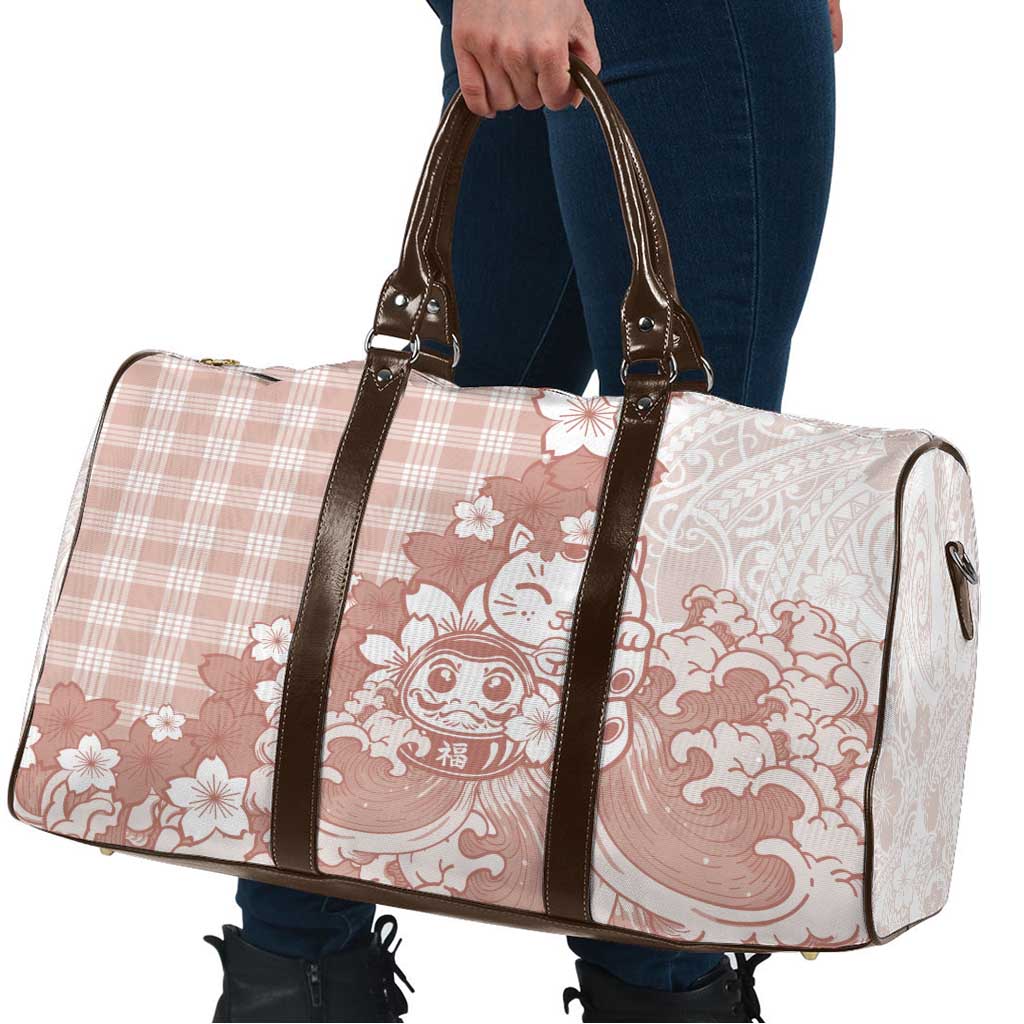 Beige Palaka Hawaiian And Japanese Travel Bag Maneki Neko And Sakura Bloom