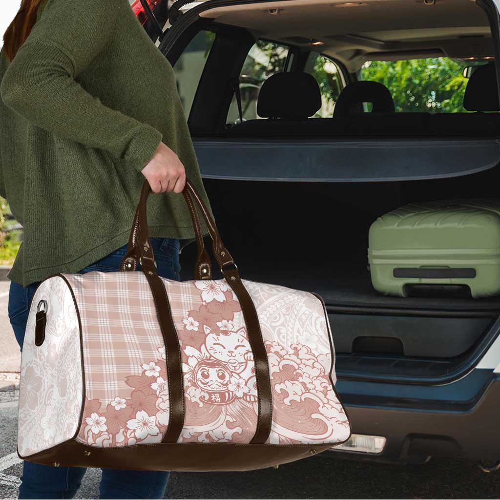 Beige Palaka Hawaiian And Japanese Travel Bag Maneki Neko And Sakura Bloom