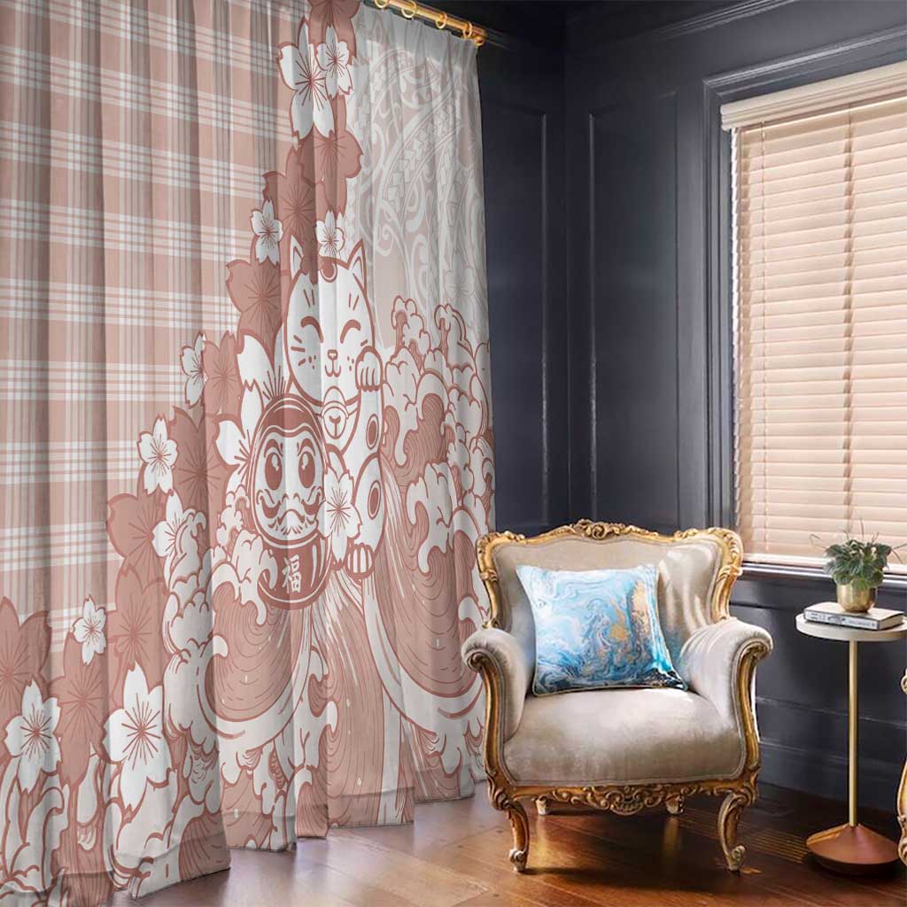 Beige Palaka Hawaiian And Japanese Window Curtain Maneki Neko And Sakura Bloom