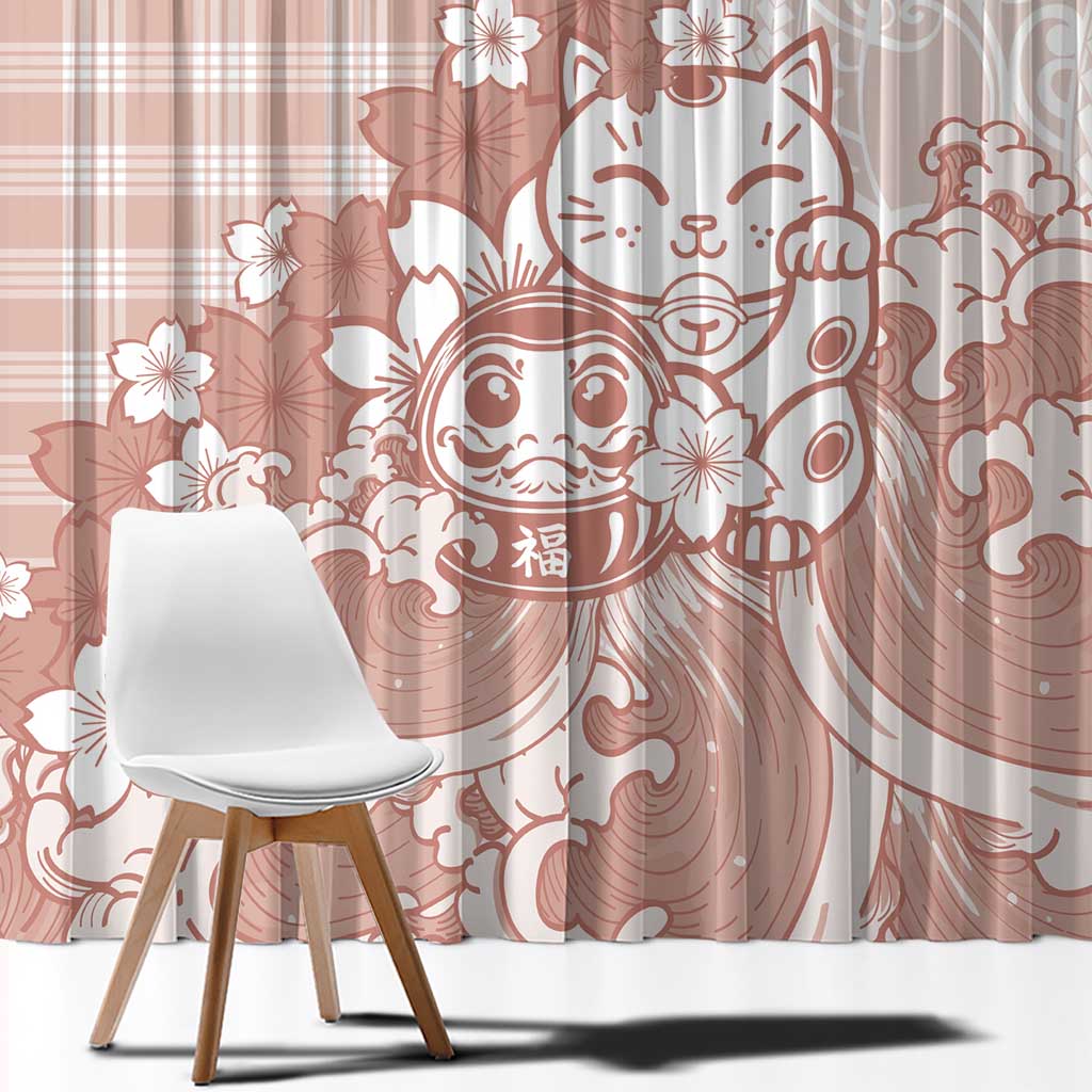 Beige Palaka Hawaiian And Japanese Window Curtain Maneki Neko And Sakura Bloom