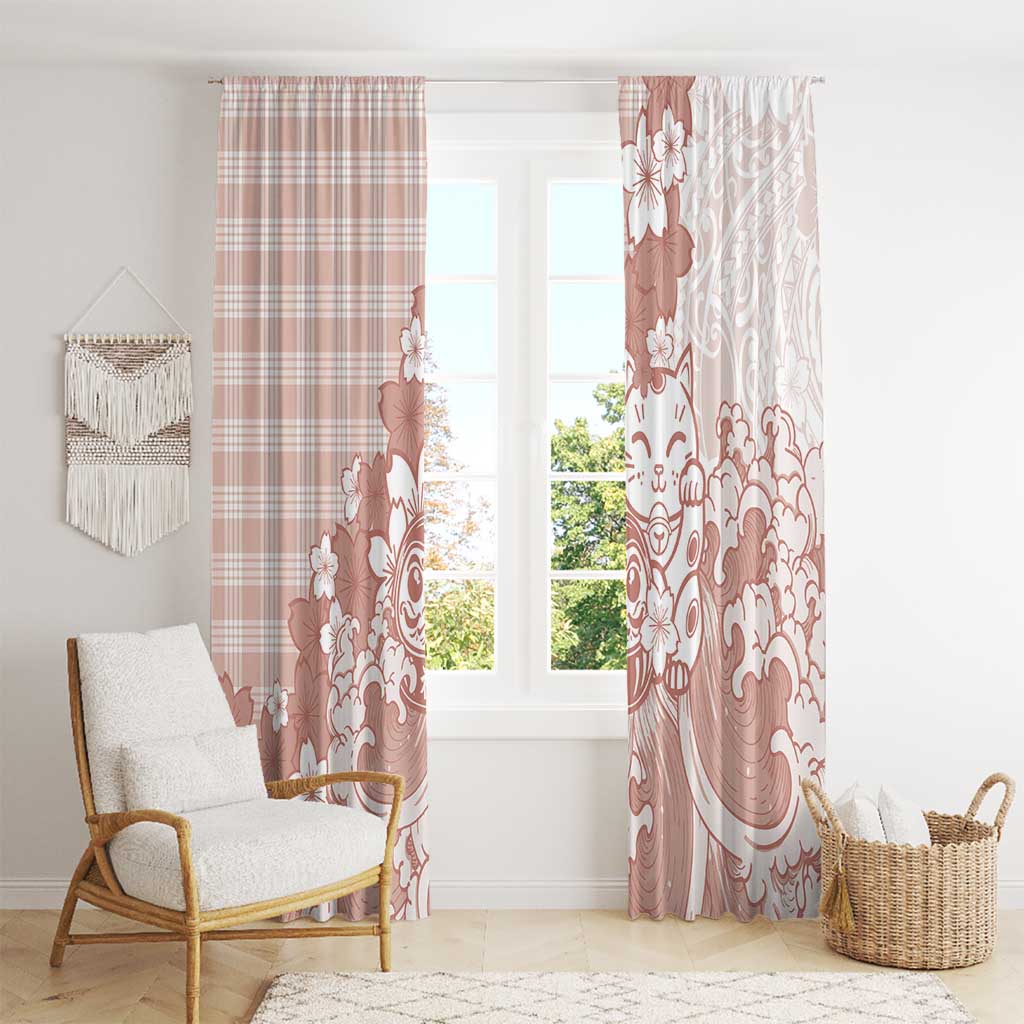 Beige Palaka Hawaiian And Japanese Window Curtain Maneki Neko And Sakura Bloom