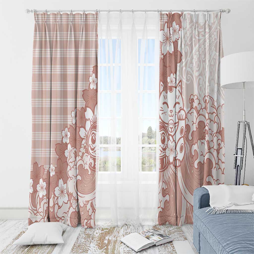 Beige Palaka Hawaiian And Japanese Window Curtain Maneki Neko And Sakura Bloom