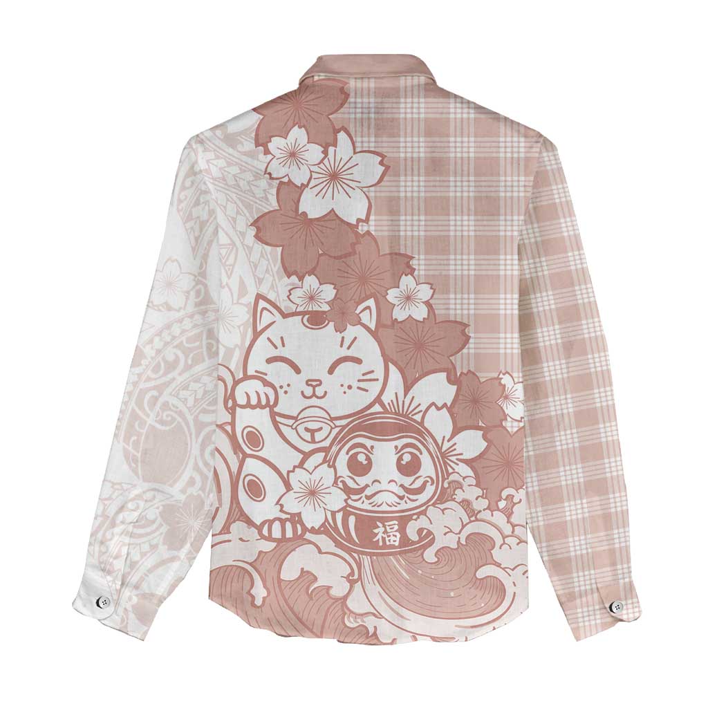 Beige Palaka Hawaiian And Japanese Women Casual Shirt Maneki Neko And Sakura Bloom