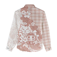 Beige Palaka Hawaiian And Japanese Women Casual Shirt Maneki Neko And Sakura Bloom