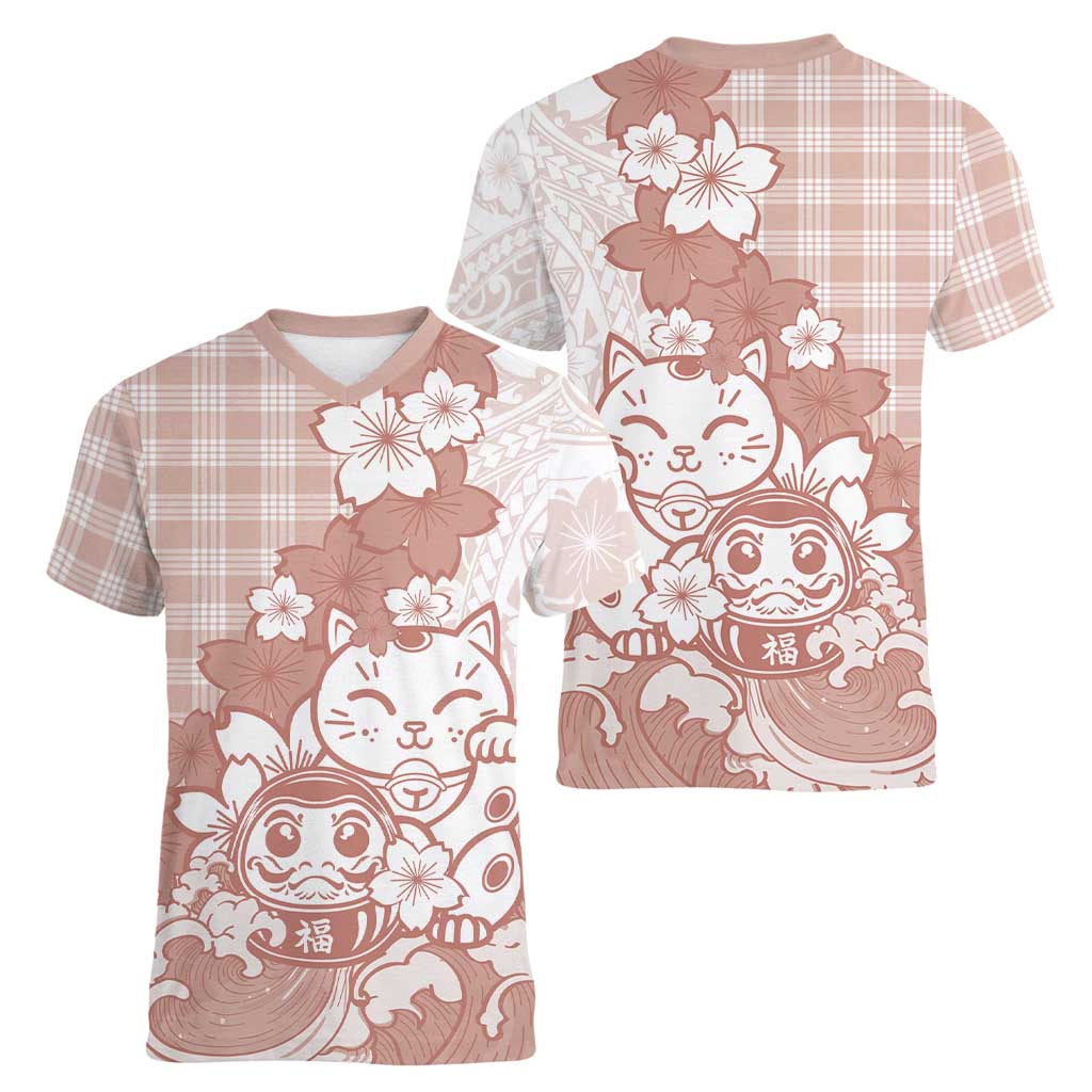 Beige Palaka Hawaiian And Japanese Women V-Neck T-Shirt Maneki Neko And Sakura Bloom