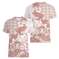 Beige Palaka Hawaiian And Japanese Women V-Neck T-Shirt Maneki Neko And Sakura Bloom