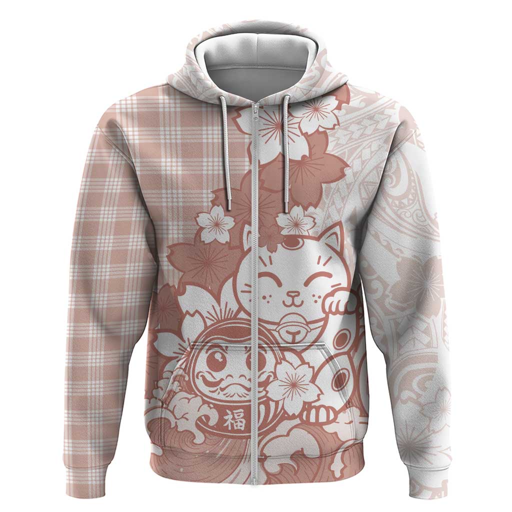Beige Palaka Hawaiian And Japanese Zip Hoodie Maneki Neko And Sakura Bloom