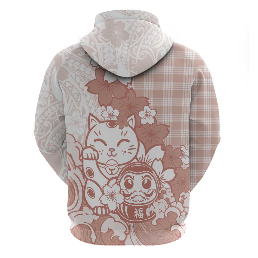 Beige Palaka Hawaiian And Japanese Zip Hoodie Maneki Neko And Sakura Bloom
