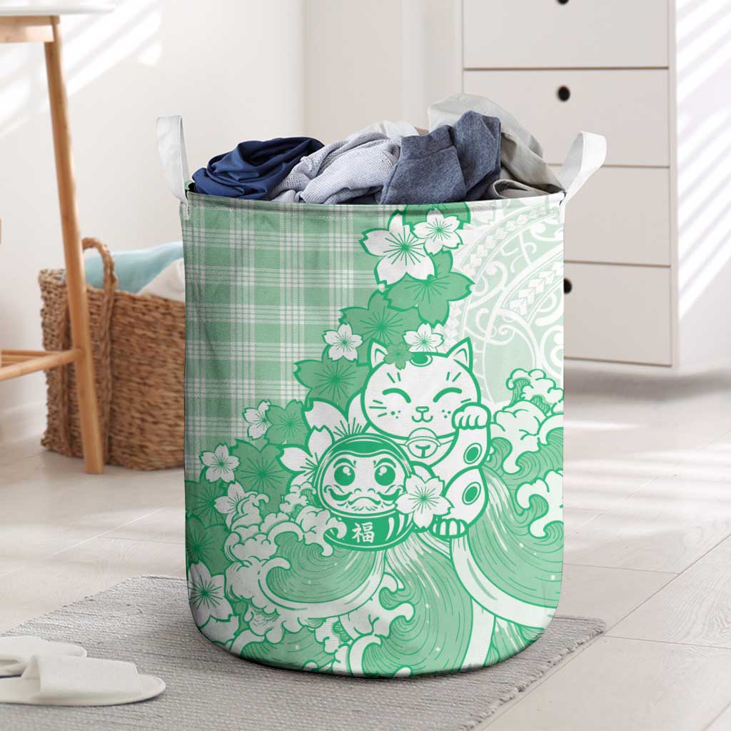 Green Palaka Hawaiian And Japanese Laundry Basket Maneki Neko And Sakura Bloom