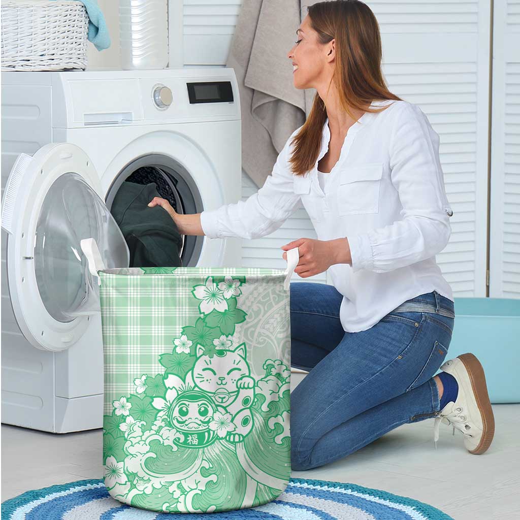 Green Palaka Hawaiian And Japanese Laundry Basket Maneki Neko And Sakura Bloom