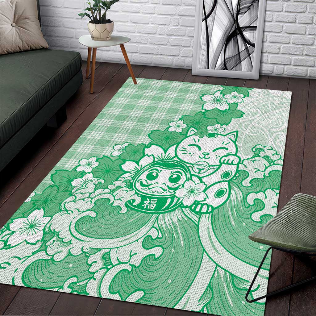 Green Palaka Hawaiian And Japanese Area Rug Maneki Neko And Sakura Bloom