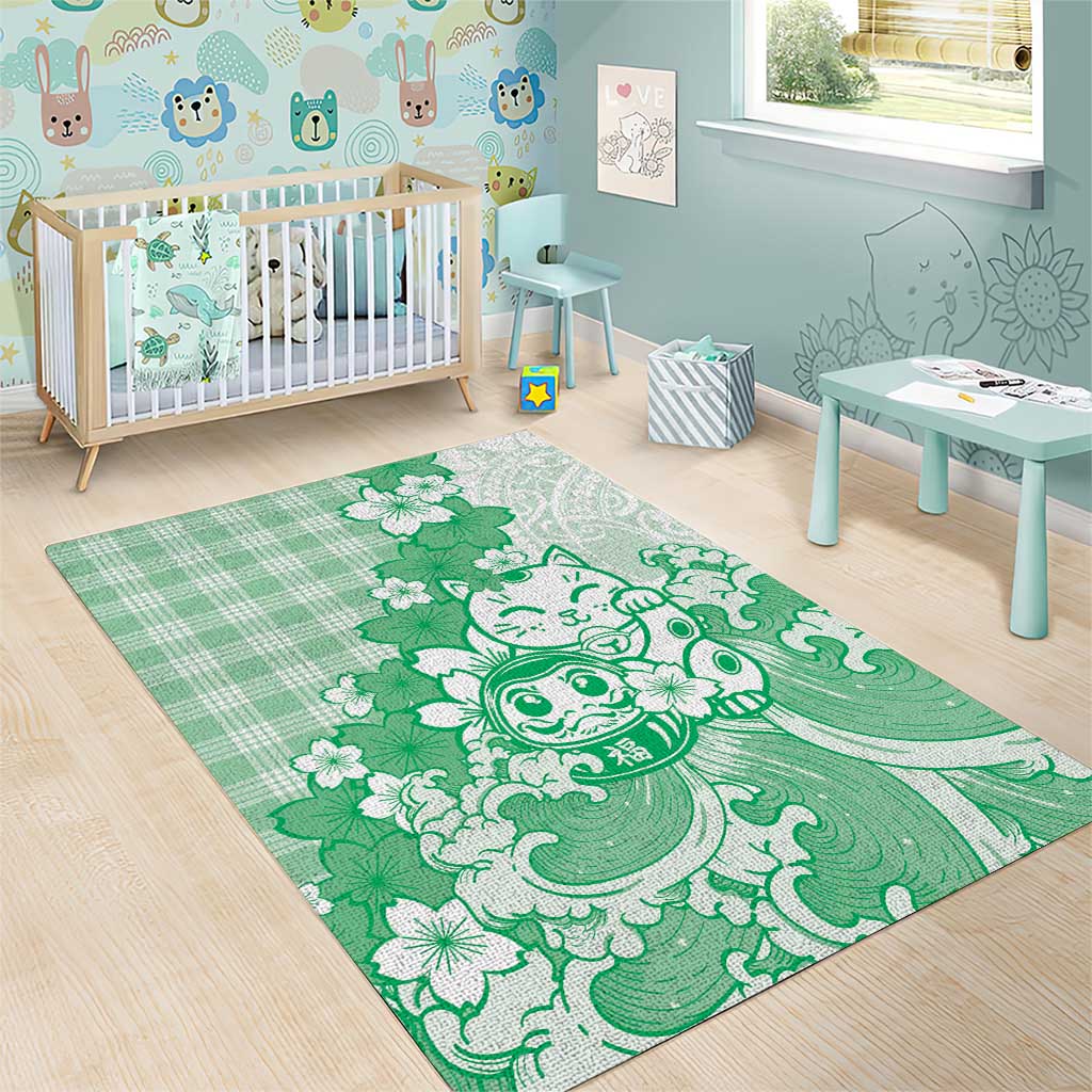 Green Palaka Hawaiian And Japanese Area Rug Maneki Neko And Sakura Bloom